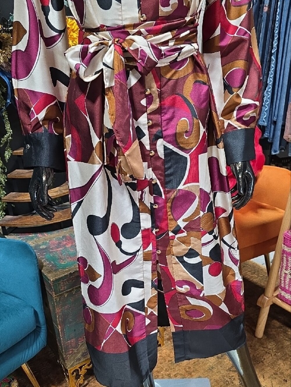 NEW! Zara Abstract Print Button Up Maxi Dress in Magenta, Brown and Black - Picture 5 of 13